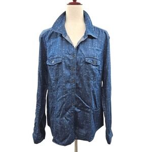 Style Co Denim Chambray Shirt Blue Geometric Print Button Up Womens L‎